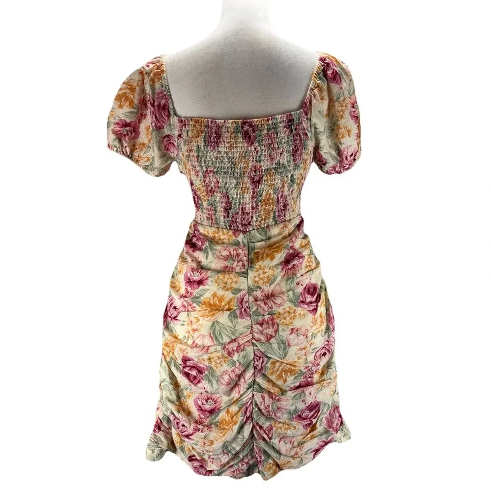 American Eagle Floral Ruched‎ Mini Dress Linen Cotton Puff Sleeve Cottagecore M